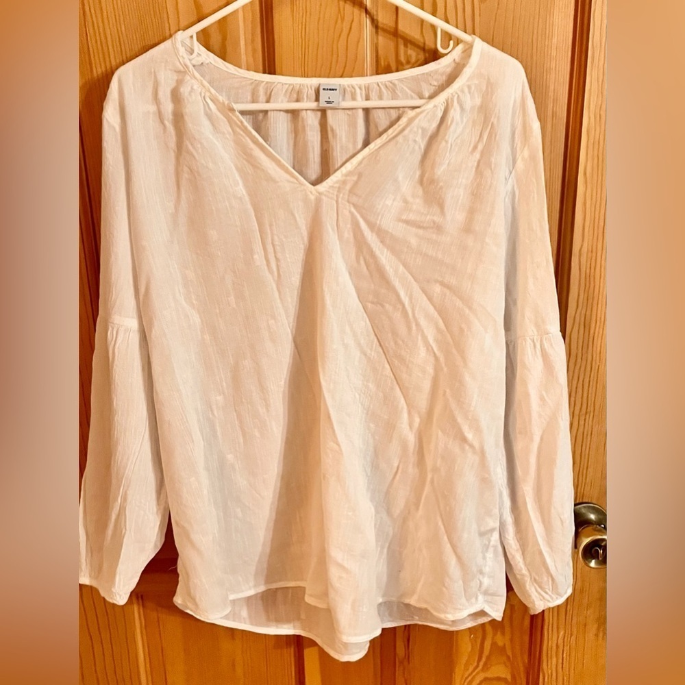 Old Navy White Cotton Gauze V-Neck Peasant Blouse Coastal Boho Balloon Sleeve LG